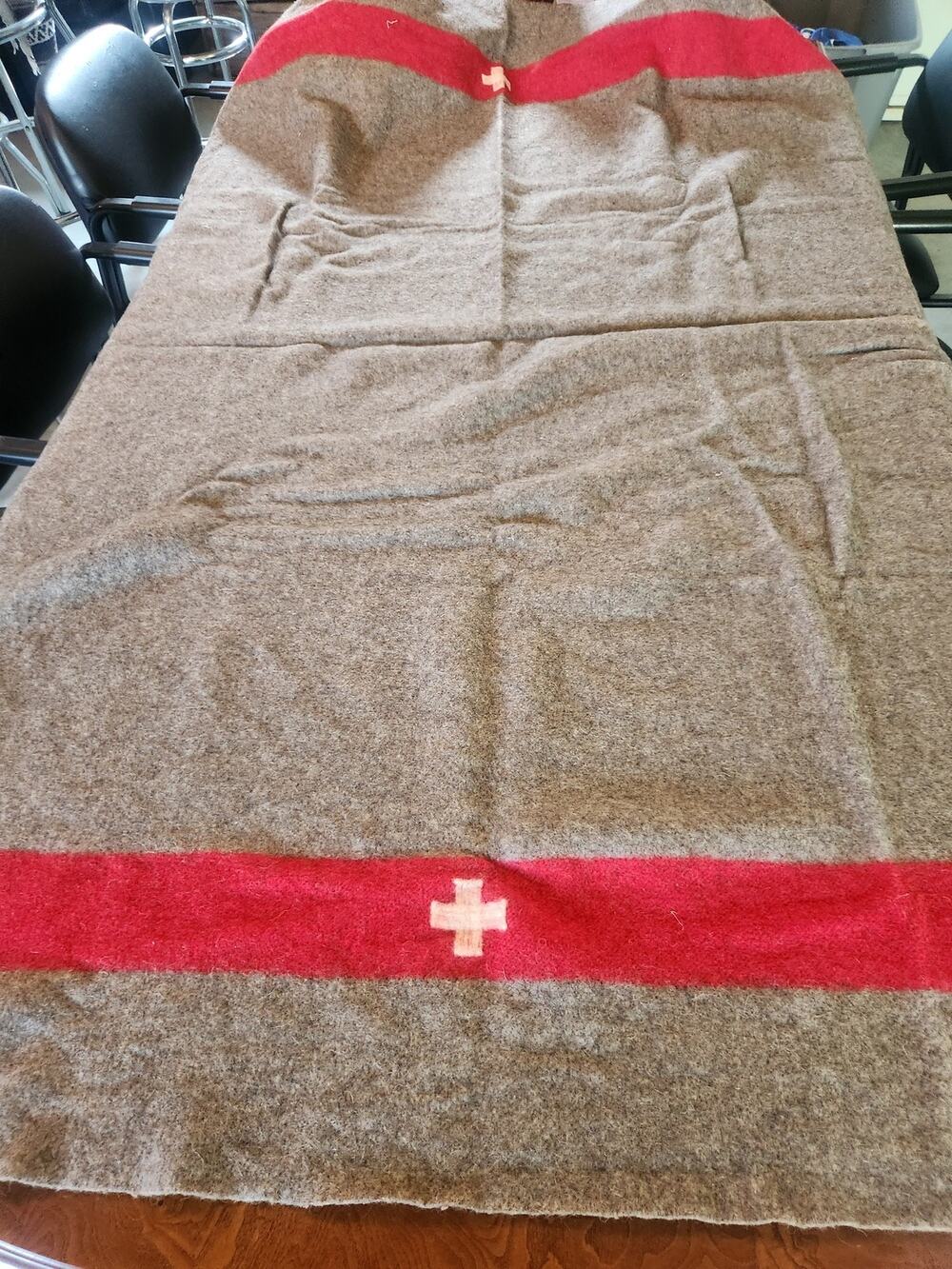Vintage Swiss Army Wool Blanket 1957 Grey Red Stripe White Cross Military SW57